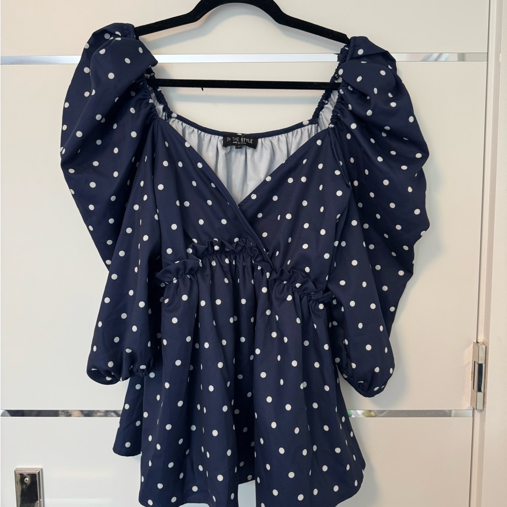 Navy Puff Sleeve Blouse with White Dots